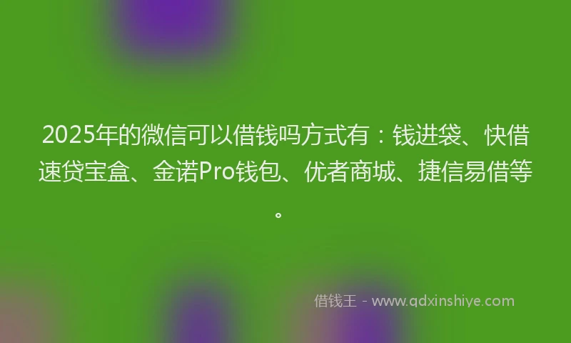 2025年的微信可以借钱吗方式有：钱进袋、快借速贷宝盒、金诺Pro钱包、优者商城、捷信易借等。