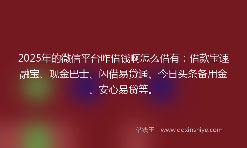 2025年的微信平台咋借钱啊怎么借有：借款宝速融宝、现金巴士、闪借易贷通、今日头条备用金、安心易贷等。
