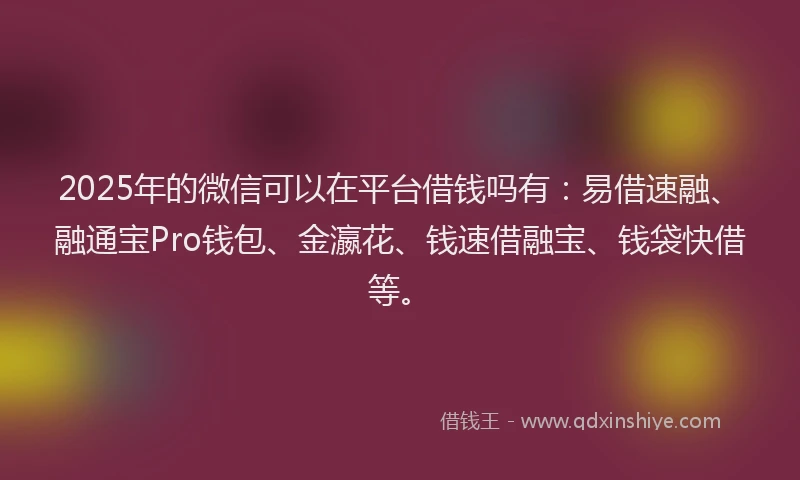 2025年的微信可以在平台借钱吗有：易借速融、融通宝Pro钱包、金瀛花、钱速借融宝、钱袋快借等。