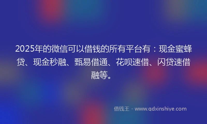 2025年的微信可以借钱的所有平台有：现金蜜蜂贷、现金秒融、甄易借通、花呗速借、闪贷速借融等。
