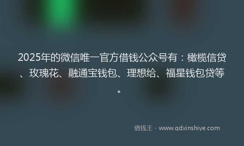 2025年的微信唯一官方借钱公众号有：橄榄信贷、玫瑰花、融通宝钱包、理想给、福星钱包贷等。