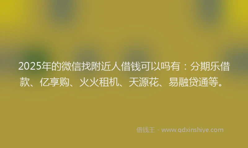 2025年的微信找附近人借钱可以吗有：分期乐借款、亿享购、火火租机、天源花、易融贷通等。