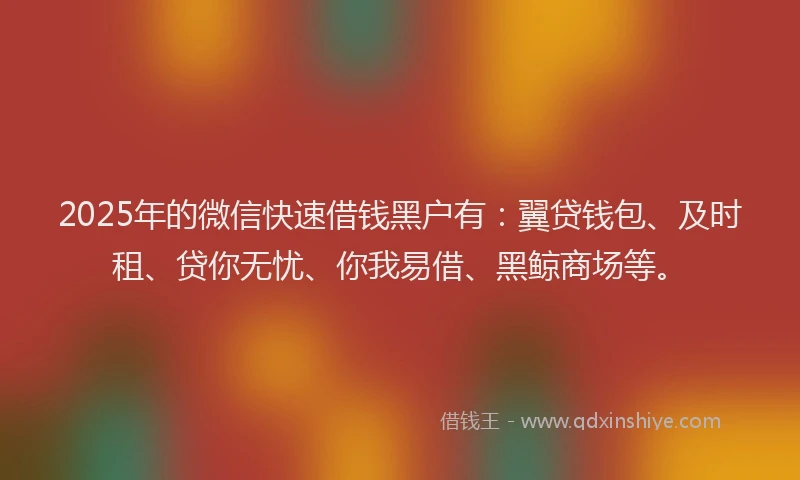 2025年的微信快速借钱黑户有：翼贷钱包、及时租、贷你无忧、你我易借、黑鲸商场等。