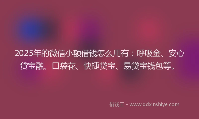 2025年的微信小额借钱怎么用有：呼吸金、安心贷宝融、口袋花、快捷贷宝、易贷宝钱包等。