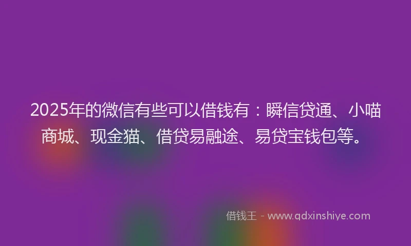 2025年的微信有些可以借钱有：瞬信贷通、小喵商城、现金猫、借贷易融途、易贷宝钱包等。