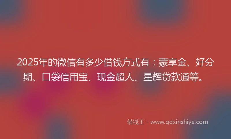 2025年的微信有多少借钱方式有：蒙享金、好分期、口袋信用宝、现金超人、星辉贷款通等。