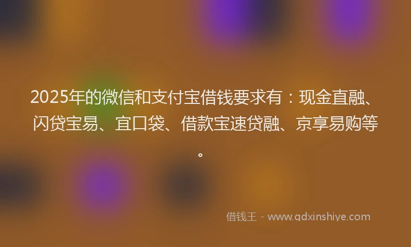 2025年的微信和支付宝借钱要求有：现金直融、闪贷宝易、宜口袋、借款宝速贷融、京享易购等。