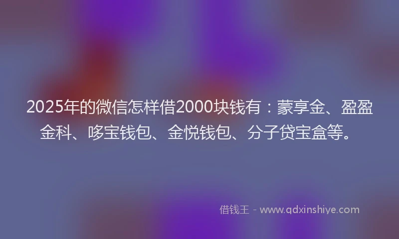 2025年的微信怎样借2000块钱有：蒙享金、盈盈金科、哆宝钱包、金悦钱包、分子贷宝盒等。