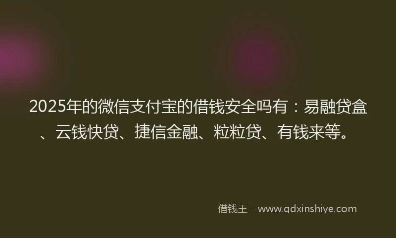 2025年的微信支付宝的借钱安全吗有：易融贷盒、云钱快贷、捷信金融、粒粒贷、有钱来等。