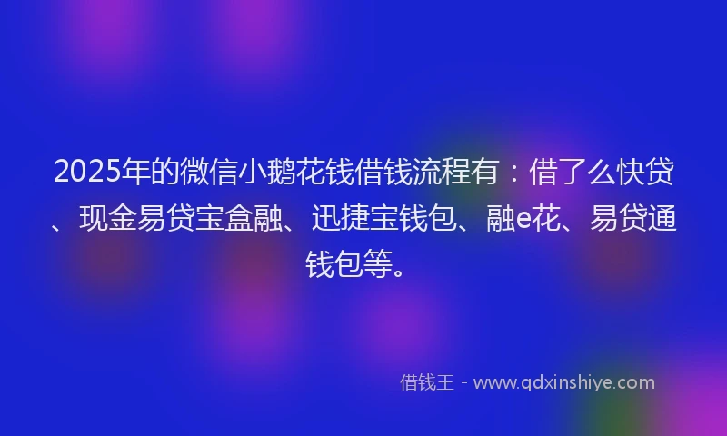 2025年的微信小鹅花钱借钱流程有：借了么快贷、现金易贷宝盒融、迅捷宝钱包、融e花、易贷通钱包等。