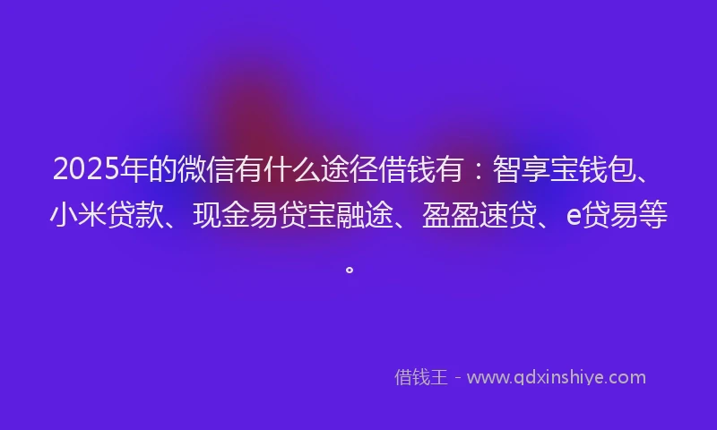 2025年的微信有什么途径借钱有：智享宝钱包、小米贷款、现金易贷宝融途、盈盈速贷、e贷易等。