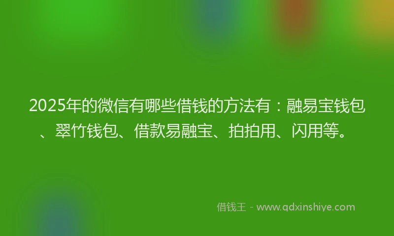 2025年的微信有哪些借钱的方法有：融易宝钱包、翠竹钱包、借款易融宝、拍拍用、闪用等。