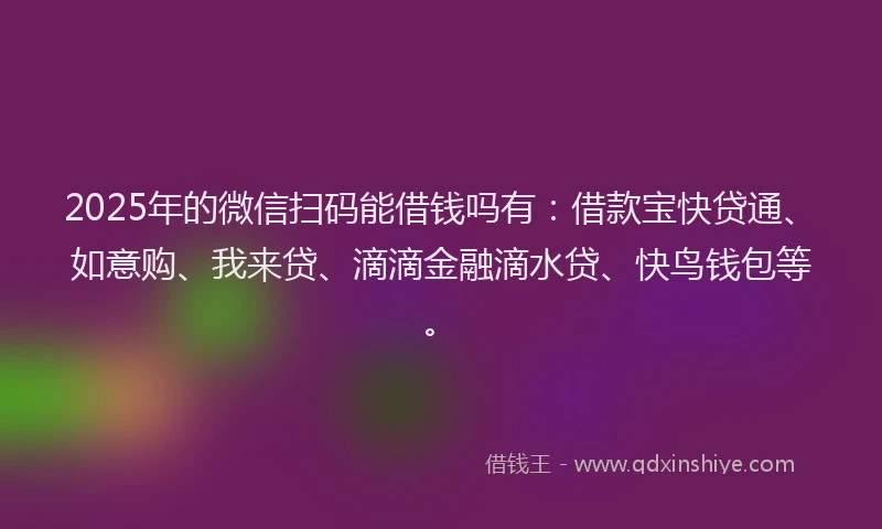 2025年的微信扫码能借钱吗有：借款宝快贷通、如意购、我来贷、滴滴金融滴水贷、快鸟钱包等。