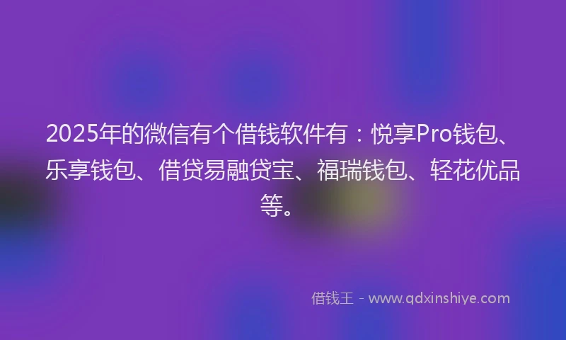 2025年的微信有个借钱软件有：悦享Pro钱包、乐享钱包、借贷易融贷宝、福瑞钱包、轻花优品等。
