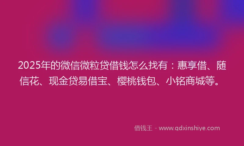 2025年的微信微粒贷借钱怎么找有：惠享借、随信花、现金贷易借宝、樱桃钱包、小铭商城等。