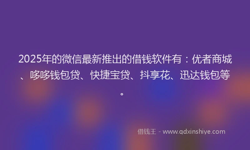 2025年的微信最新推出的借钱软件有：优者商城、哆哆钱包贷、快捷宝贷、抖享花、迅达钱包等。