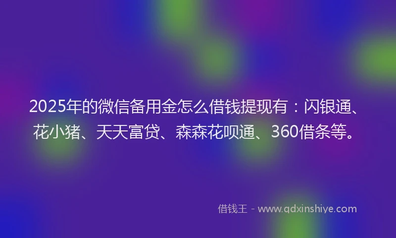 2025年的微信备用金怎么借钱提现有：闪银通、花小猪、天天富贷、森森花呗通、360借条等。