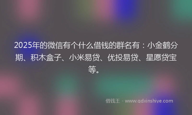 2025年的微信有个什么借钱的群名有：小金鹤分期、积木盒子、小米易贷、优投易贷、星愿贷宝等。