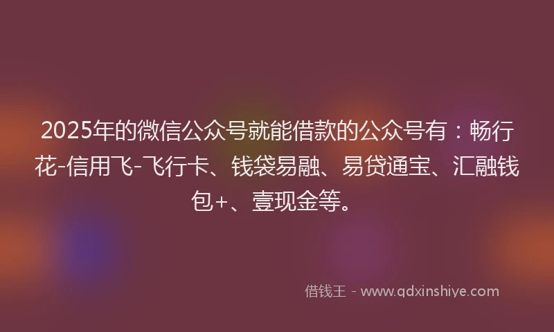 2025年的微信公众号就能借款的公众号有：畅行花-信用飞-飞行卡、钱袋易融、易贷通宝、汇融钱包+、壹现金等。