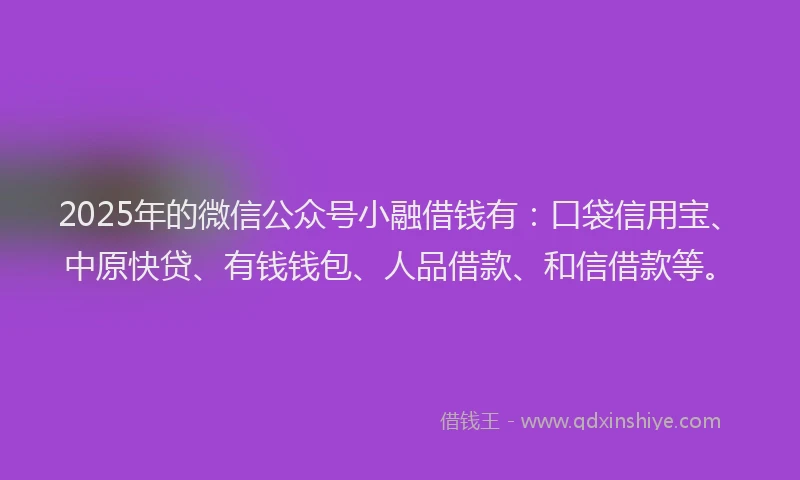 2025年的微信公众号小融借钱有：口袋信用宝、中原快贷、有钱钱包、人品借款、和信借款等。