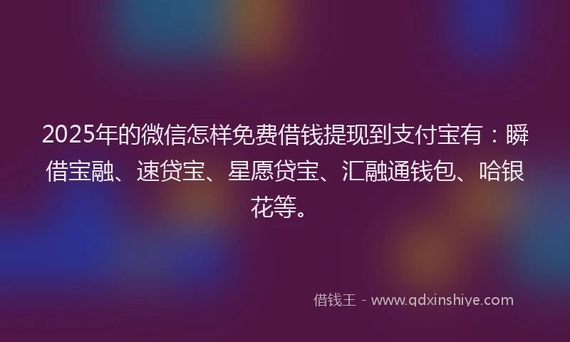 2025年的微信怎样免费借钱提现到支付宝有：瞬借宝融、速贷宝、星愿贷宝、汇融通钱包、哈银花等。