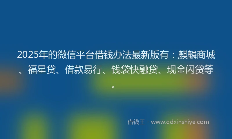 2025年的微信平台借钱办法最新版有：麒麟商城、福星贷、借款易行、钱袋快融贷、现金闪贷等。