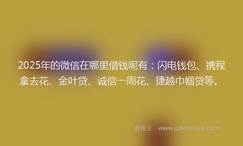 2025年的微信在哪里借钱呢有：闪电钱包、携程拿去花、金叶贷、诚信一周花、捷越巾帼贷等。