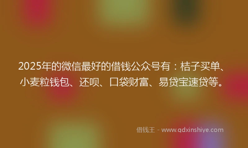 2025年的微信最好的借钱公众号有：桔子买单、小麦粒钱包、还呗、口袋财富、易贷宝速贷等。