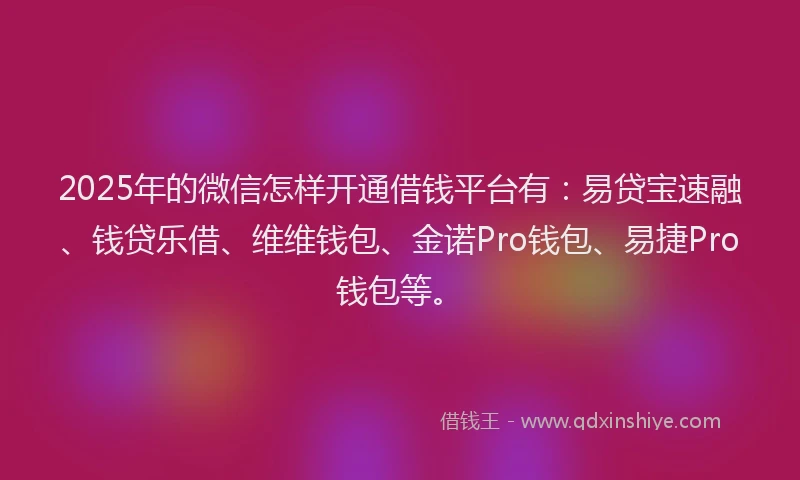 2025年的微信怎样开通借钱平台有：易贷宝速融、钱贷乐借、维维钱包、金诺Pro钱包、易捷Pro钱包等。