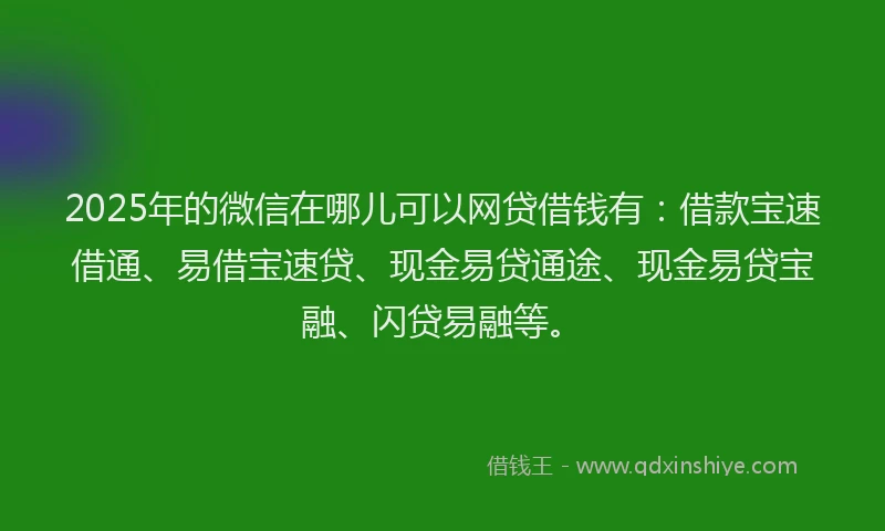 2025年的微信在哪儿可以网贷借钱有：借款宝速借通、易借宝速贷、现金易贷通途、现金易贷宝融、闪贷易融等。