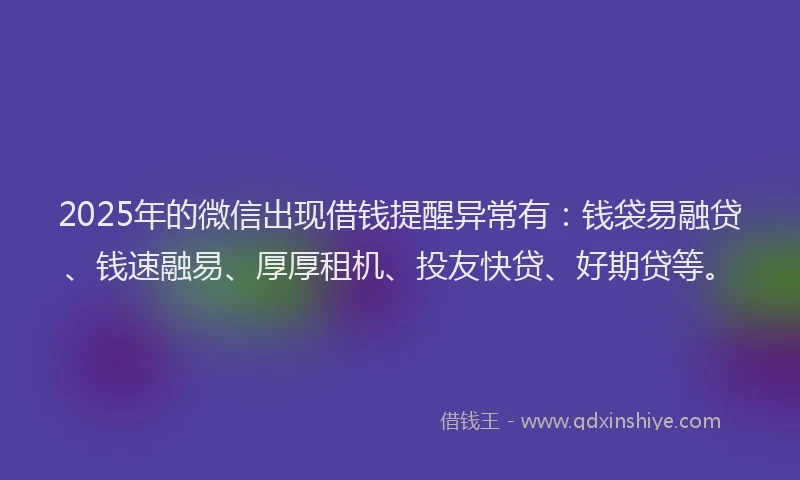 2025年的微信出现借钱提醒异常有：钱袋易融贷、钱速融易、厚厚租机、投友快贷、好期贷等。