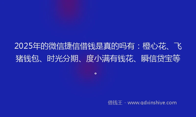 2025年的微信捷信借钱是真的吗有：橙心花、飞猪钱包、时光分期、度小满有钱花、瞬信贷宝等。
