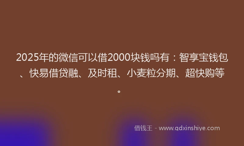 2025年的微信可以借2000块钱吗有：智享宝钱包、快易借贷融、及时租、小麦粒分期、超快购等。
