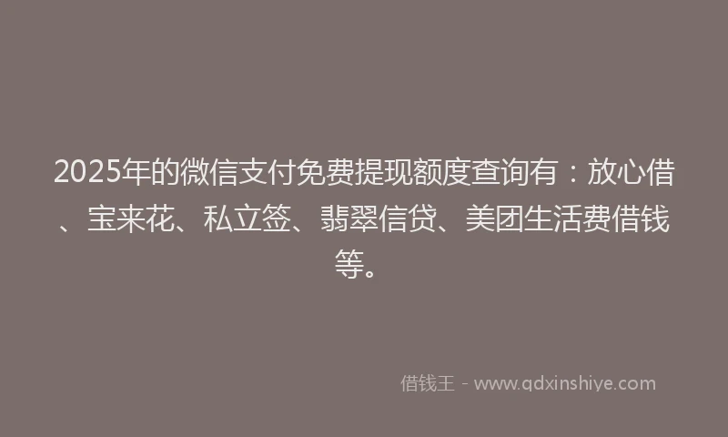 2025年的微信支付免费提现额度查询有：放心借、宝来花、私立签、翡翠信贷、美团生活费借钱等。