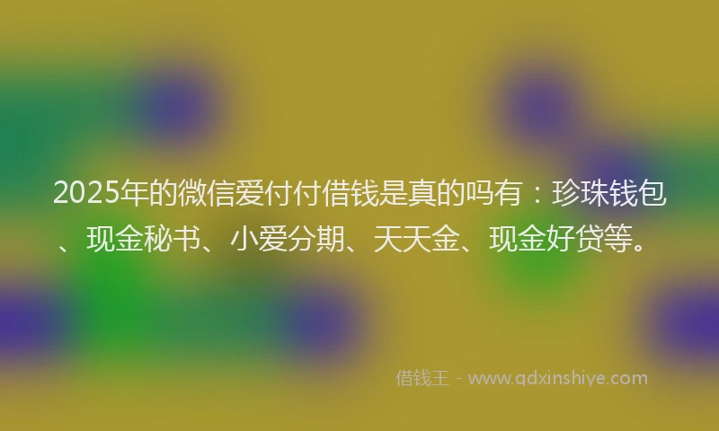 2025年的微信爱付付借钱是真的吗有：珍珠钱包、现金秘书、小爱分期、天天金、现金好贷等。