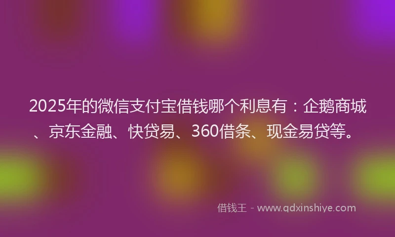 2025年的微信支付宝借钱哪个利息有：企鹅商城、京东金融、快贷易、360借条、现金易贷等。