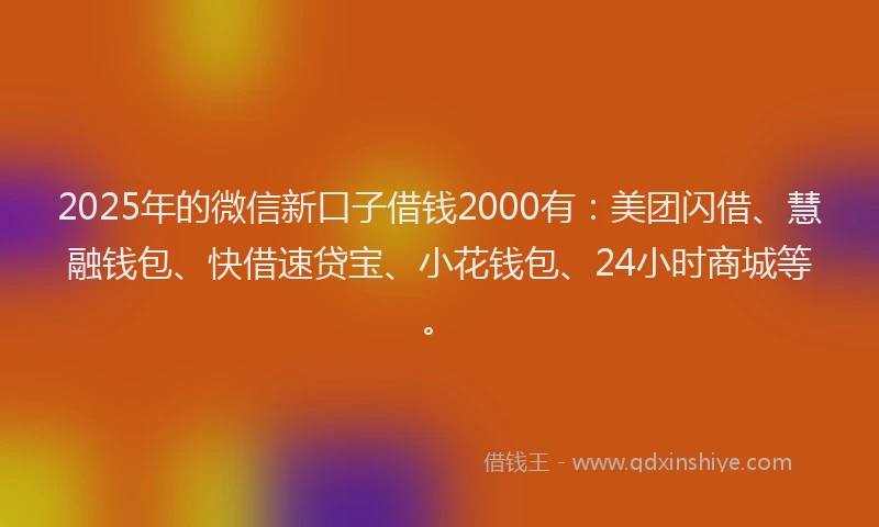 2025年的微信新口子借钱2000有：美团闪借、慧融钱包、快借速贷宝、小花钱包、24小时商城等。