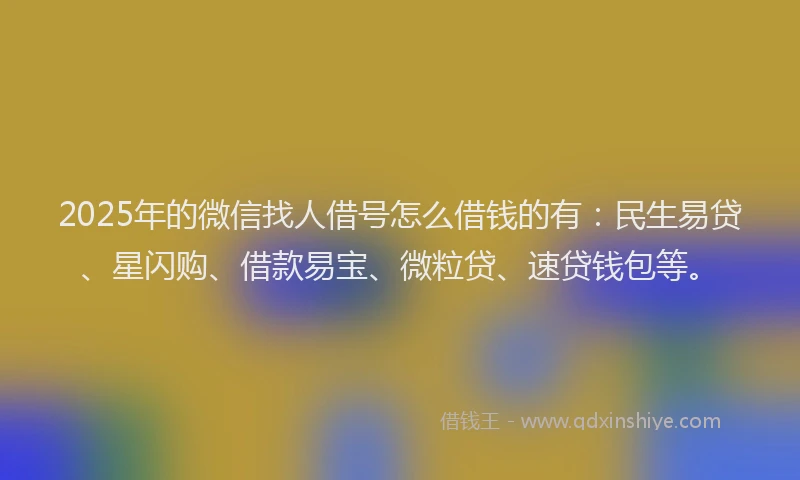 2025年的微信找人借号怎么借钱的有：民生易贷、星闪购、借款易宝、微粒贷、速贷钱包等。