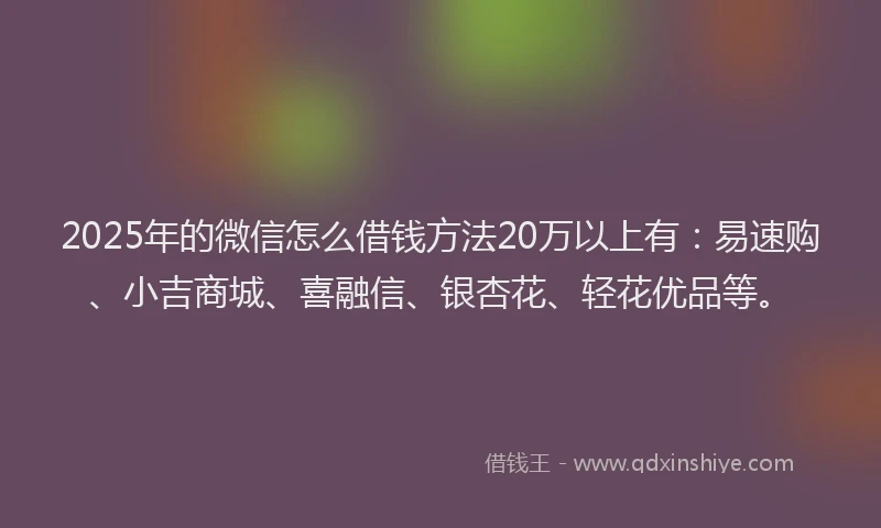 2025年的微信怎么借钱方法20万以上有：易速购、小吉商城、喜融信、银杏花、轻花优品等。