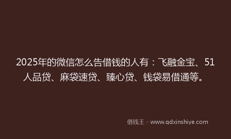 2025年的微信怎么告借钱的人有：飞融金宝、51人品贷、麻袋速贷、臻心贷、钱袋易借通等。