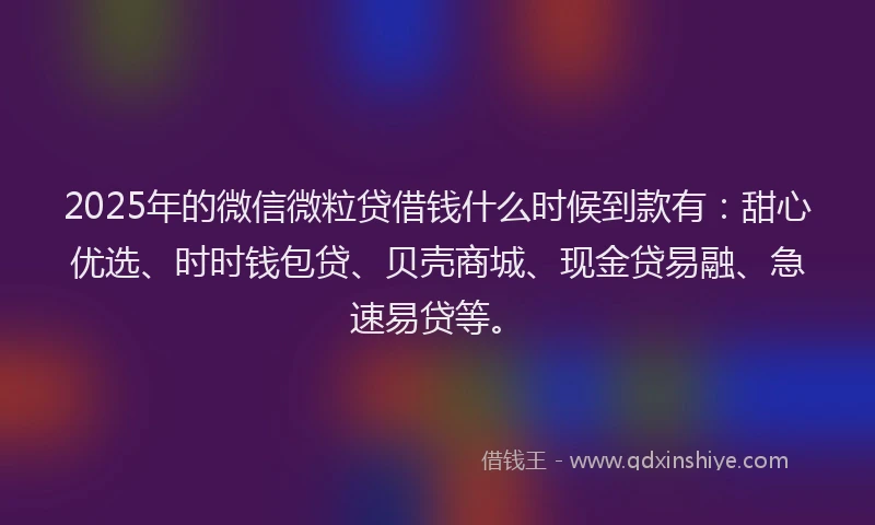 2025年的微信微粒贷借钱什么时候到款有：甜心优选、时时钱包贷、贝壳商城、现金贷易融、急速易贷等。