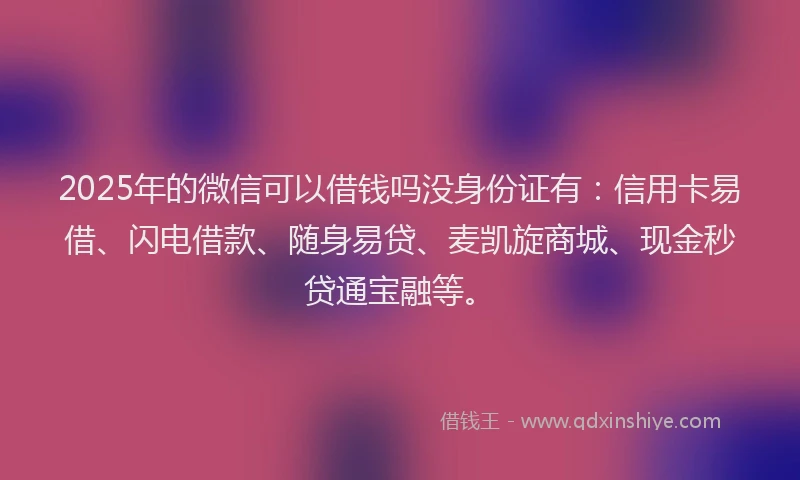2025年的微信可以借钱吗没身份证有：信用卡易借、闪电借款、随身易贷、麦凯旋商城、现金秒贷通宝融等。