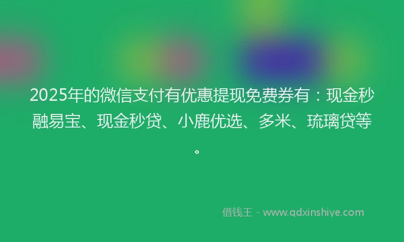 2025年的微信支付有优惠提现免费券有：现金秒融易宝、现金秒贷、小鹿优选、多米、琉璃贷等。