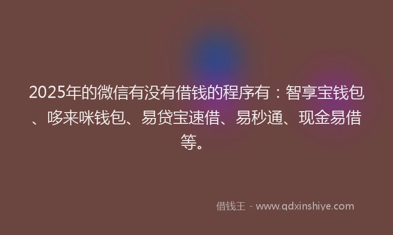 2025年的微信有没有借钱的程序有：智享宝钱包、哆来咪钱包、易贷宝速借、易秒通、现金易借等。