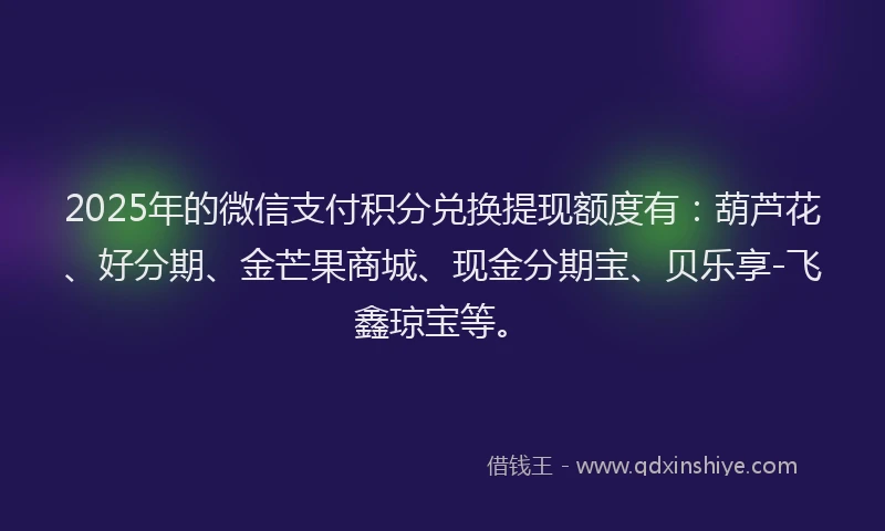 2025年的微信支付积分兑换提现额度有：葫芦花、好分期、金芒果商城、现金分期宝、贝乐享-飞鑫琼宝等。