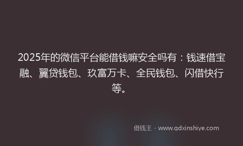 2025年的微信平台能借钱嘛安全吗有：钱速借宝融、翼贷钱包、玖富万卡、全民钱包、闪借快行等。