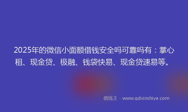 2025年的微信小面额借钱安全吗可靠吗有：掌心租、现金贷、极融、钱袋快易、现金贷速易等。