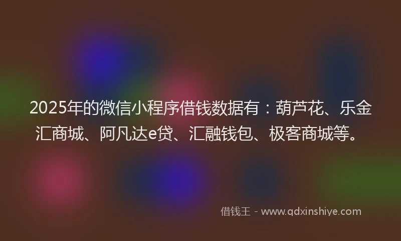 2025年的微信小程序借钱数据有：葫芦花、乐金汇商城、阿凡达e贷、汇融钱包、极客商城等。