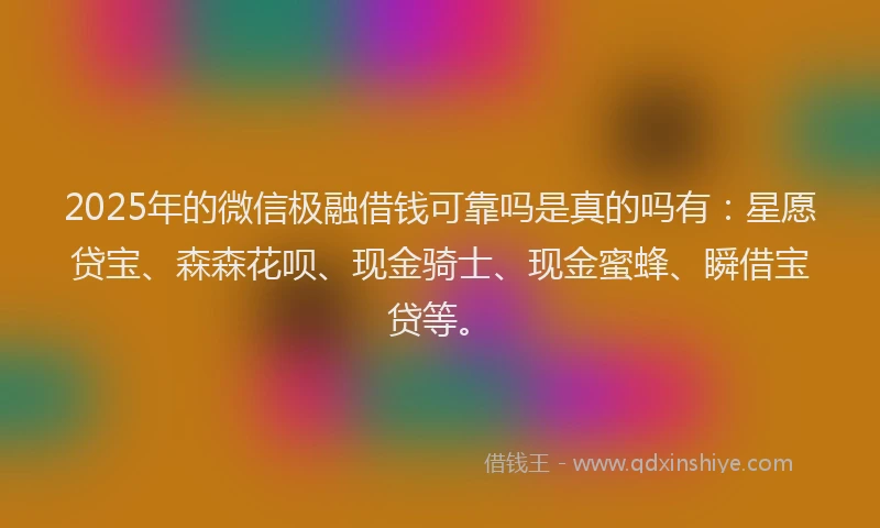 2025年的微信极融借钱可靠吗是真的吗有：星愿贷宝、森森花呗、现金骑士、现金蜜蜂、瞬借宝贷等。