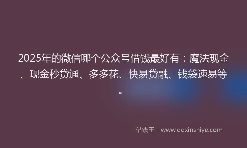 2025年的微信哪个公众号借钱最好有：魔法现金、现金秒贷通、多多花、快易贷融、钱袋速易等。